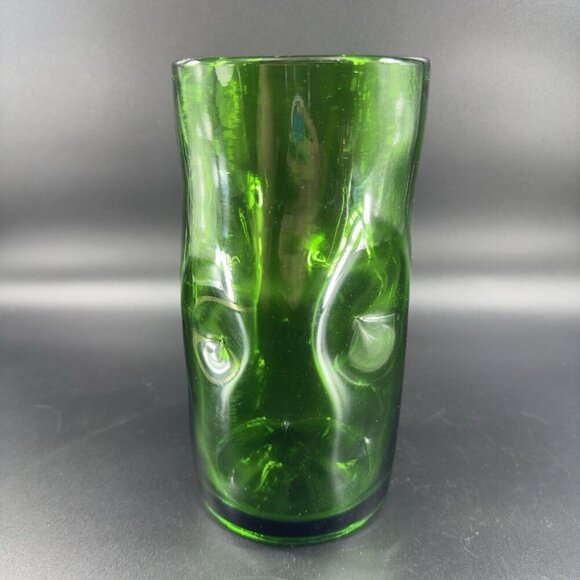 1970s Hand Blown Emerald Green Tall Cylinder Glass Vase Dimple Hand Made Vintage - Picture 14 of 14